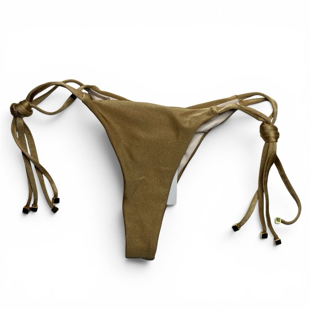 Reina Olga Ohm Bikini Bottom XS Metallic Gold Satin Shimmer Side Tie Ruched NWT
